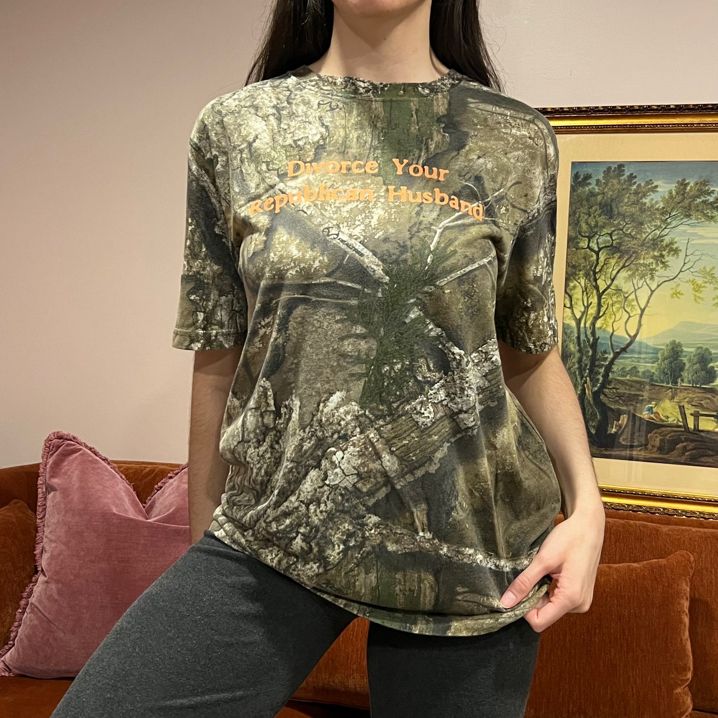 DIVORCE YOUR REPUBLICAN HUSBAND camo t-shirt with orange text (M)