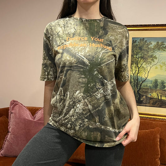 DIVORCE YOUR REPUBLICAN HUSBAND camo t-shirt with orange text (M)