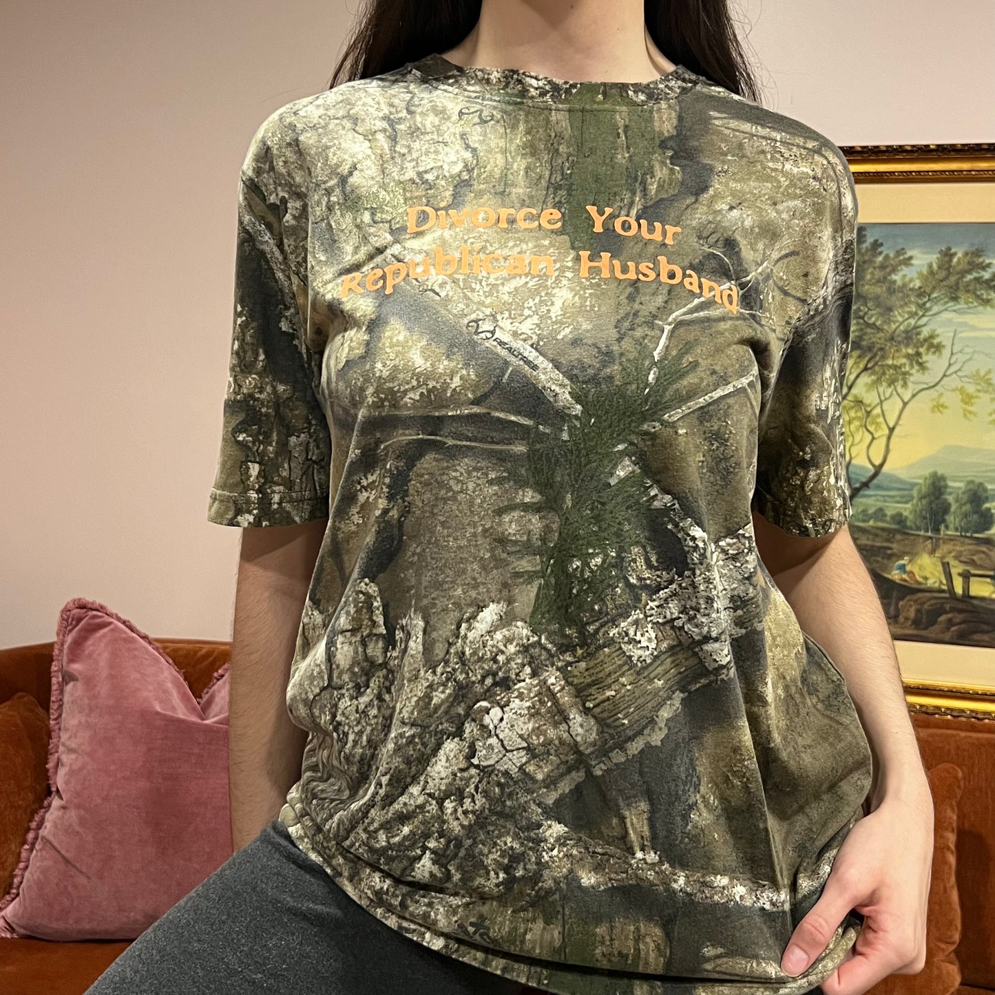 DIVORCE YOUR REPUBLICAN HUSBAND camo t-shirt with orange text (M)