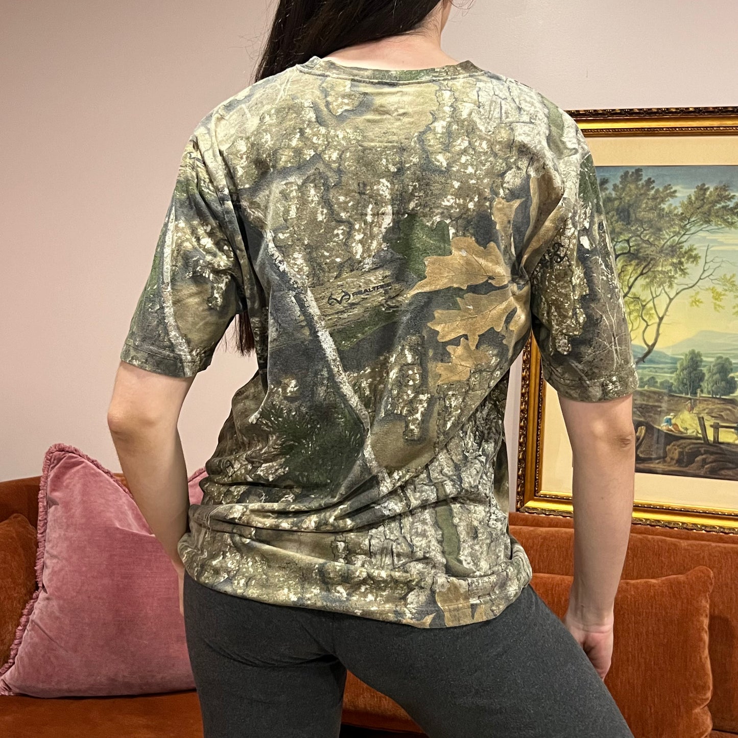 DIVORCE YOUR REPUBLICAN HUSBAND camo t-shirt with orange text (M)