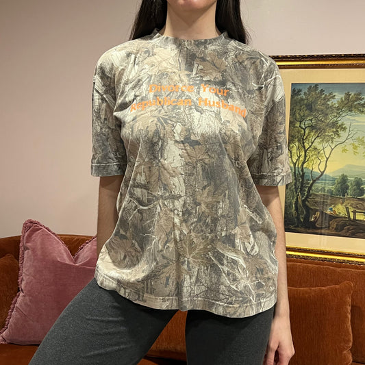 DIVORCE YOUR REPUBLICAN HUSBAND camo t-shirt with orange text (M)