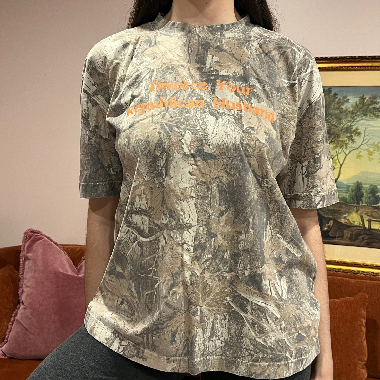 DIVORCE YOUR REPUBLICAN HUSBAND camo t-shirt with orange text (M)