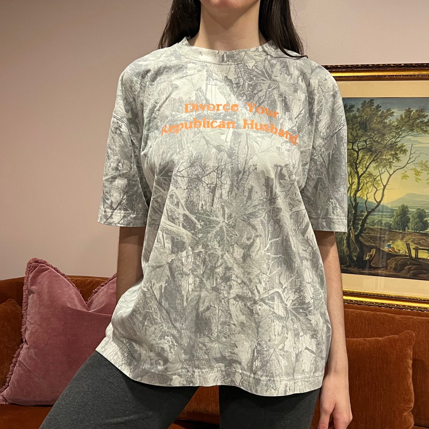 DIVORCE YOUR REPUBLICAN HUSBAND white camo t-shirt with orange text (XL)