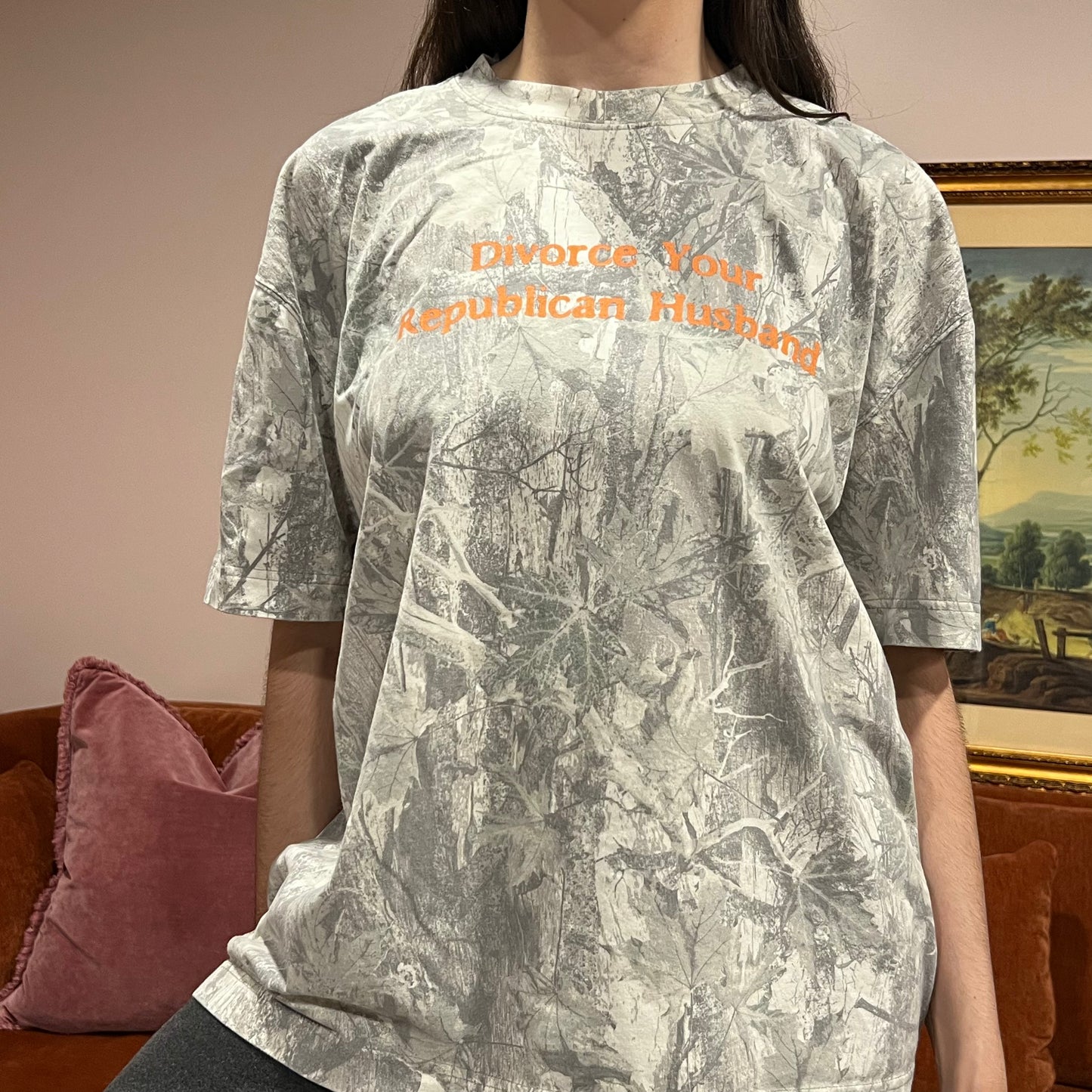 DIVORCE YOUR REPUBLICAN HUSBAND white camo t-shirt with orange text (XL)
