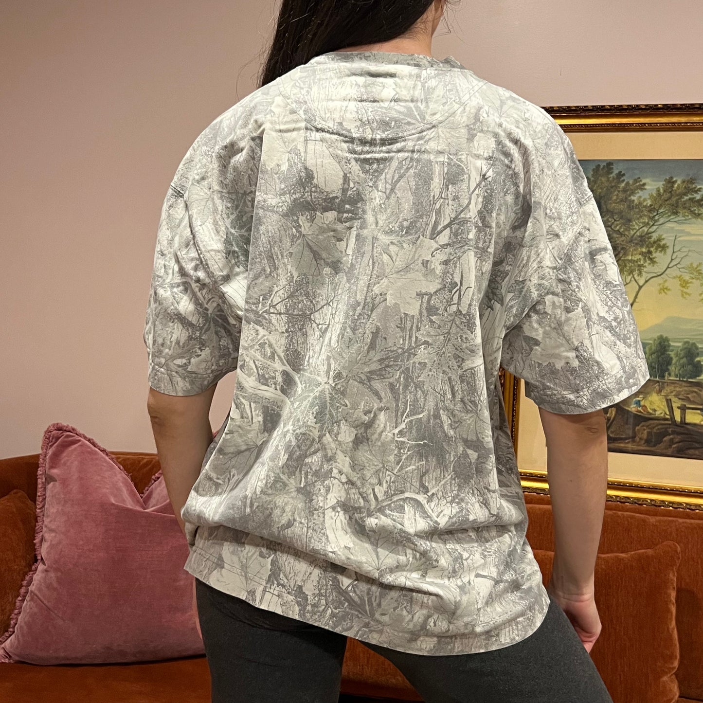 DIVORCE YOUR REPUBLICAN HUSBAND white camo t-shirt with orange text (XL)