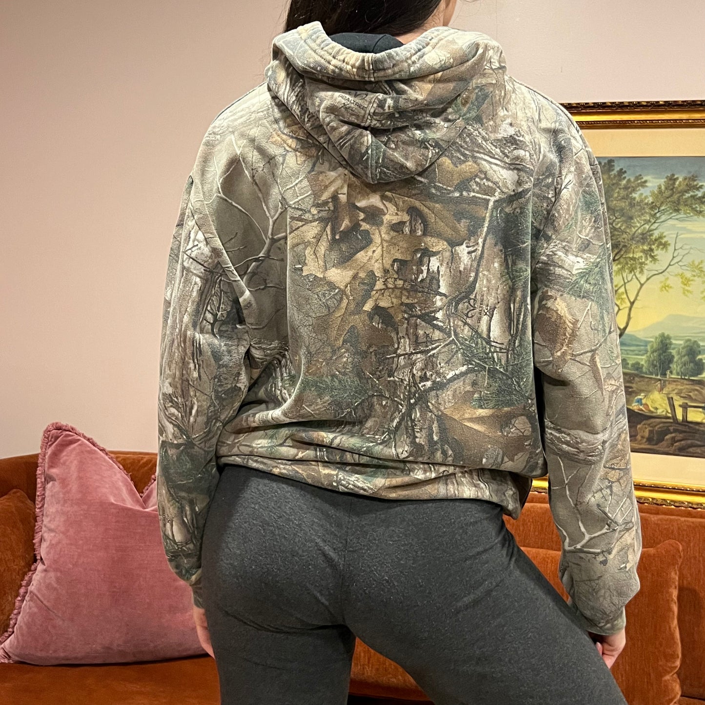 DIVORCE YOUR REPUBLICAN HUSBAND camo hoodie with orange text (L)