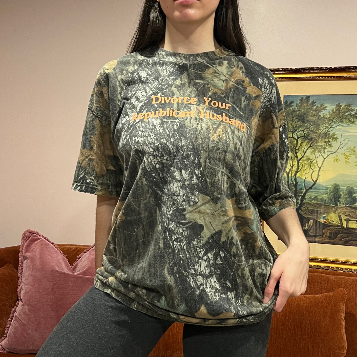 DIVORCE YOUR REPUBLICAN HUSBAND camo t-shirt with orange text (XL)