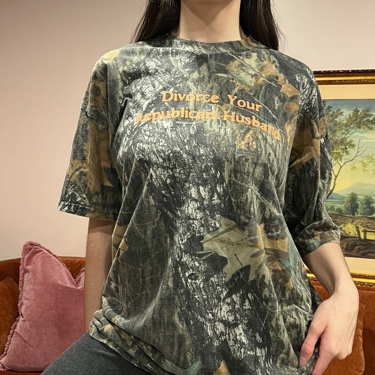 DIVORCE YOUR REPUBLICAN HUSBAND camo t-shirt with orange text (XL)