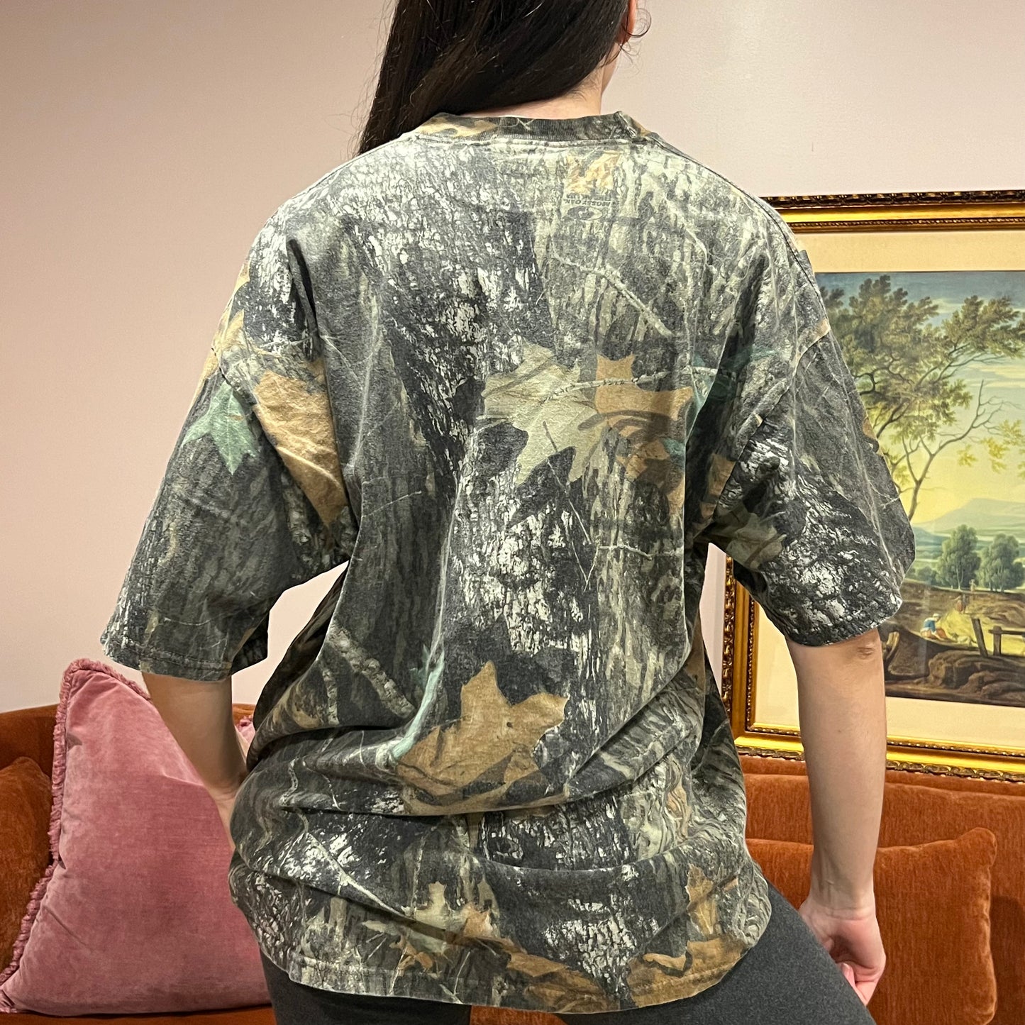 DIVORCE YOUR REPUBLICAN HUSBAND camo t-shirt with orange text (XL)