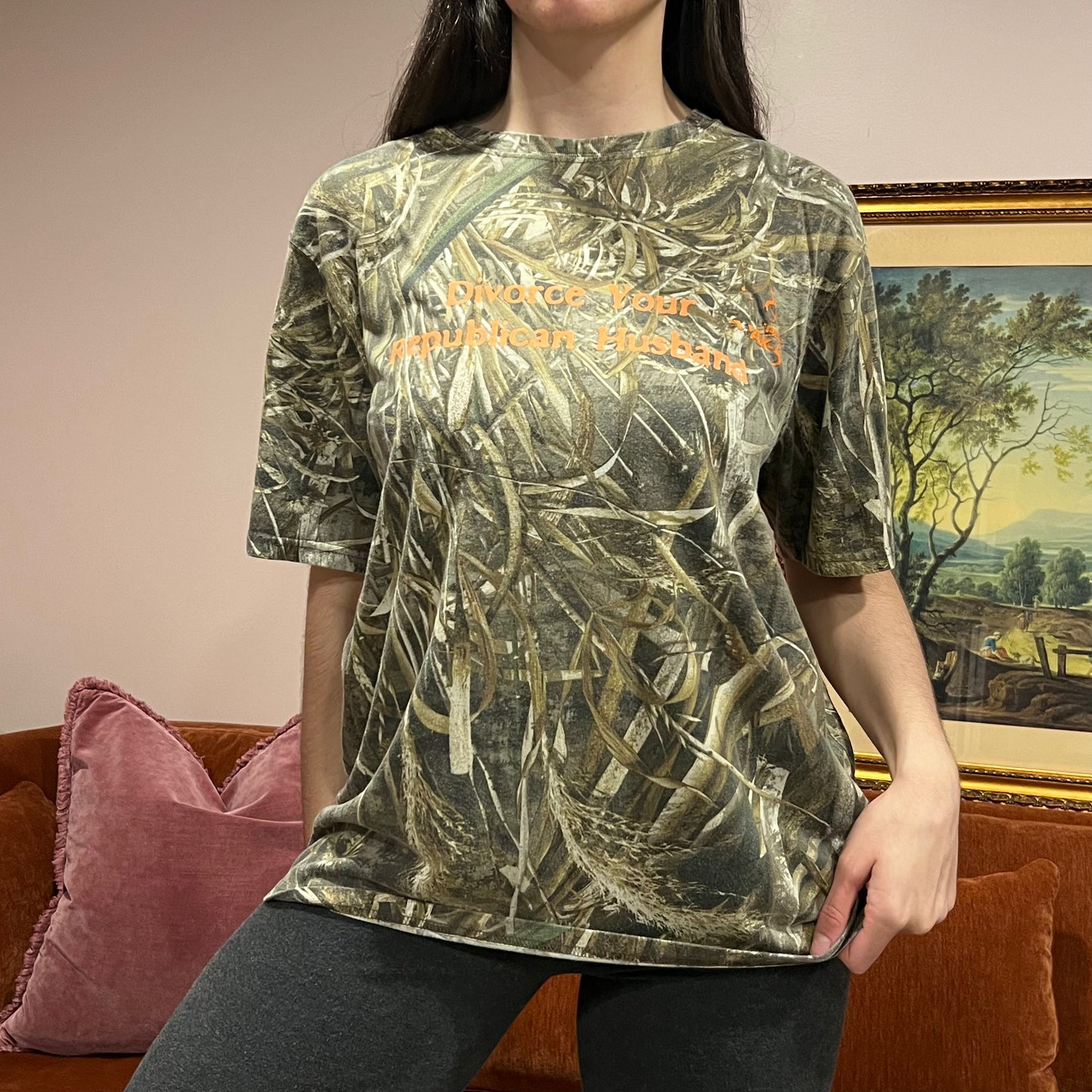 DIVORCE YOUR REPUBLICAN HUSBAND camo t-shirt with orange text (L)