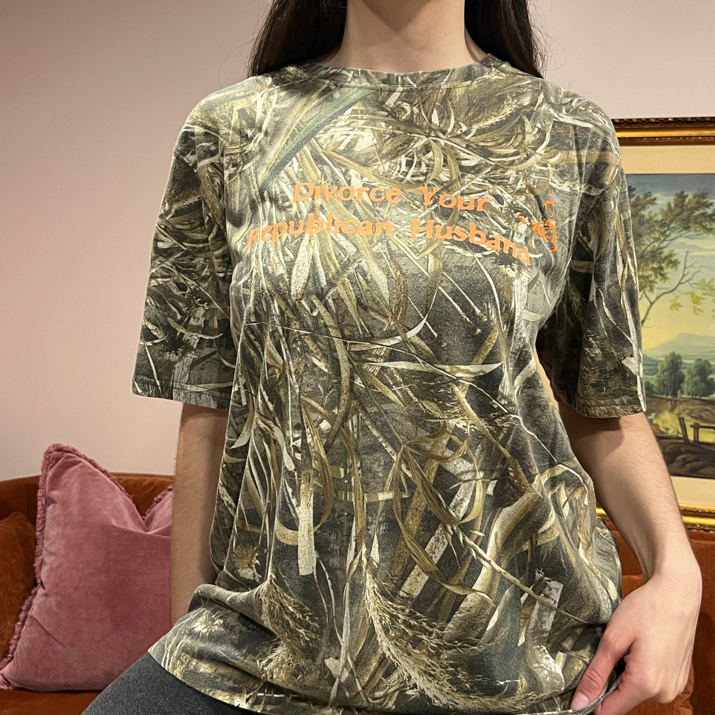 DIVORCE YOUR REPUBLICAN HUSBAND camo t-shirt with orange text (L)