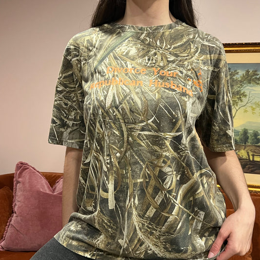 DIVORCE YOUR REPUBLICAN HUSBAND camo t-shirt with orange text (L)