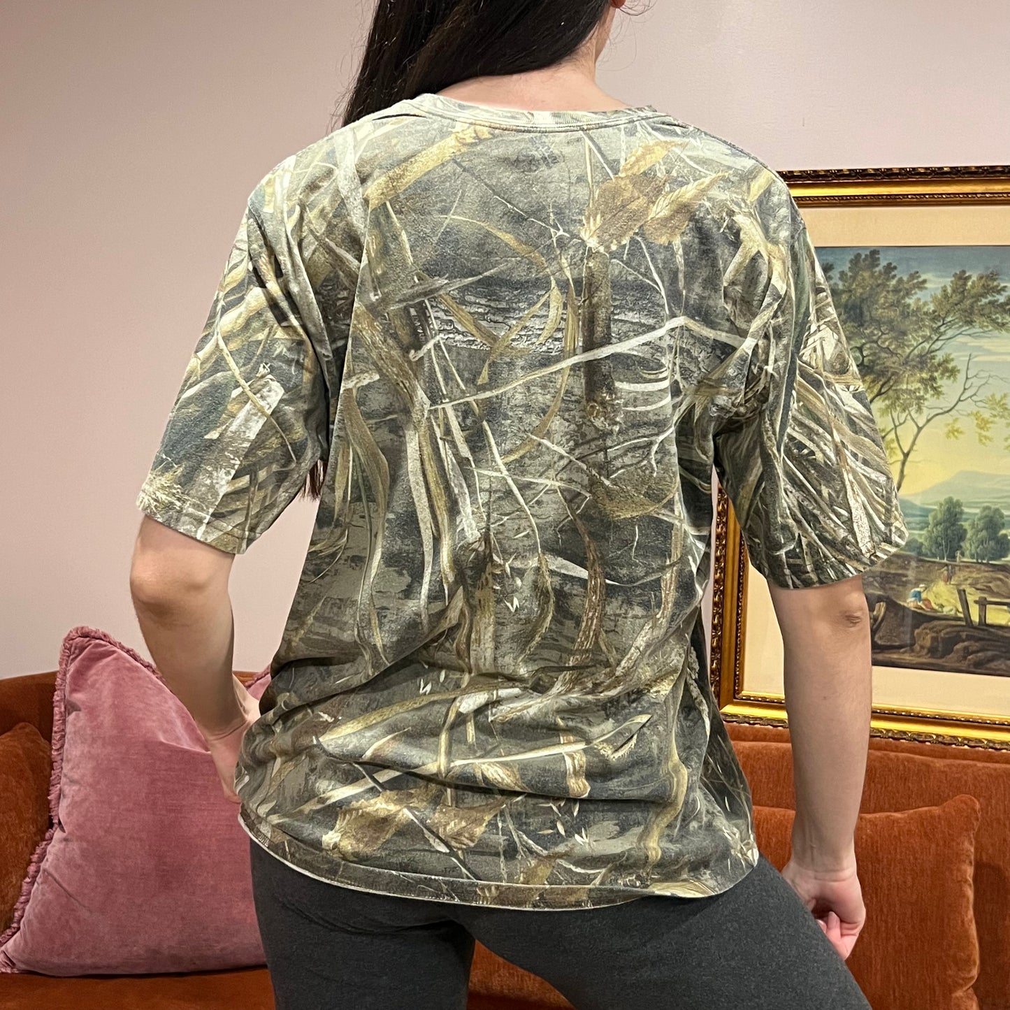 DIVORCE YOUR REPUBLICAN HUSBAND camo t-shirt with orange text (L)