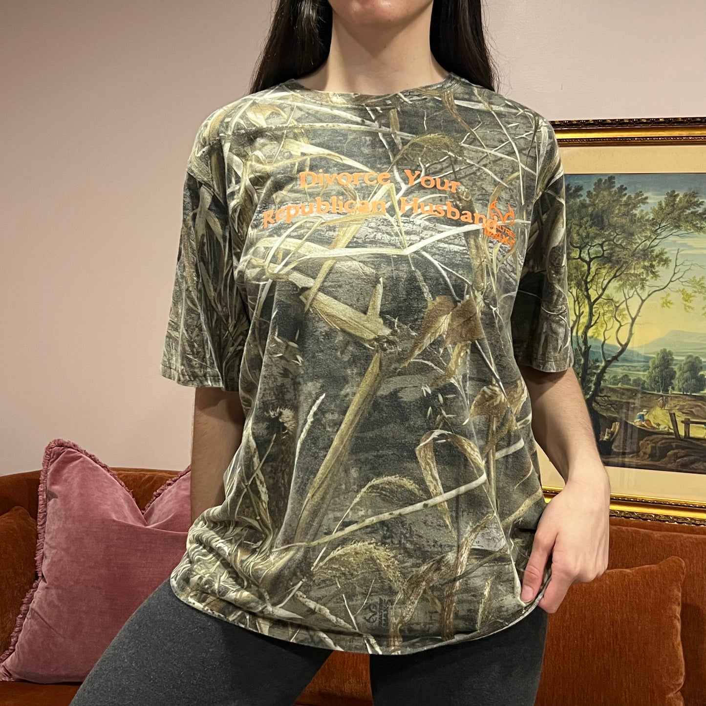 DIVORCE YOUR REPUBLICAN HUSBAND camo t-shirt with orange text (XL)