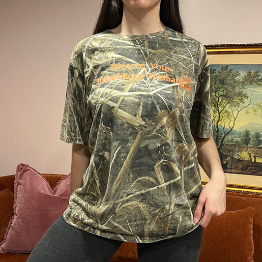 DIVORCE YOUR REPUBLICAN HUSBAND camo t-shirt with orange text (XL)