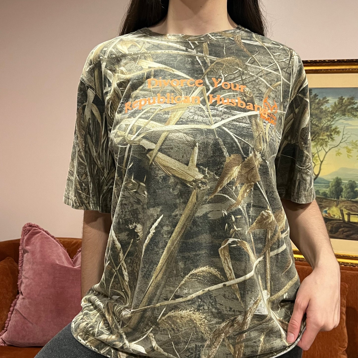 DIVORCE YOUR REPUBLICAN HUSBAND camo t-shirt with orange text (XL)