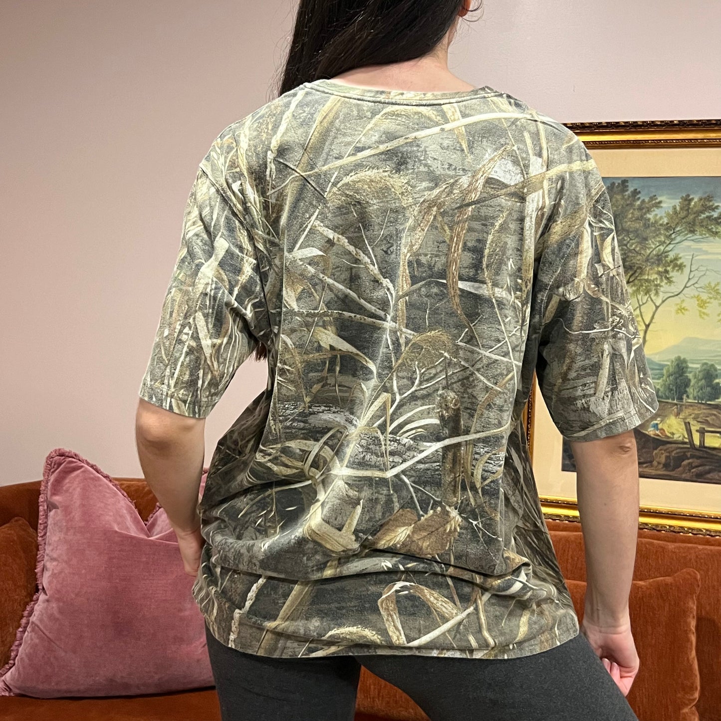 DIVORCE YOUR REPUBLICAN HUSBAND camo t-shirt with orange text (XL)