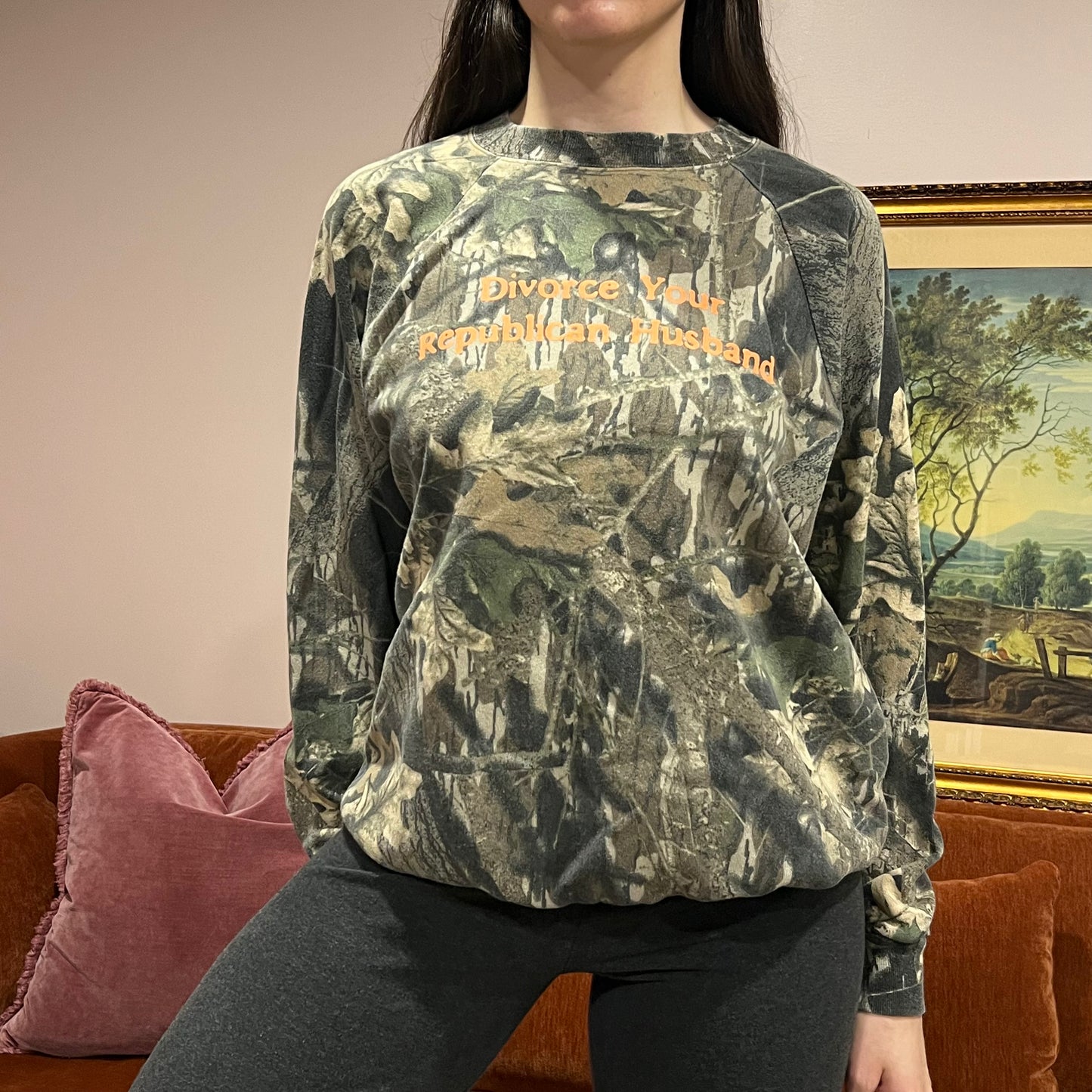DIVORCE YOUR REPUBLICAN HUSBAND camo crewneck with orange text (L)