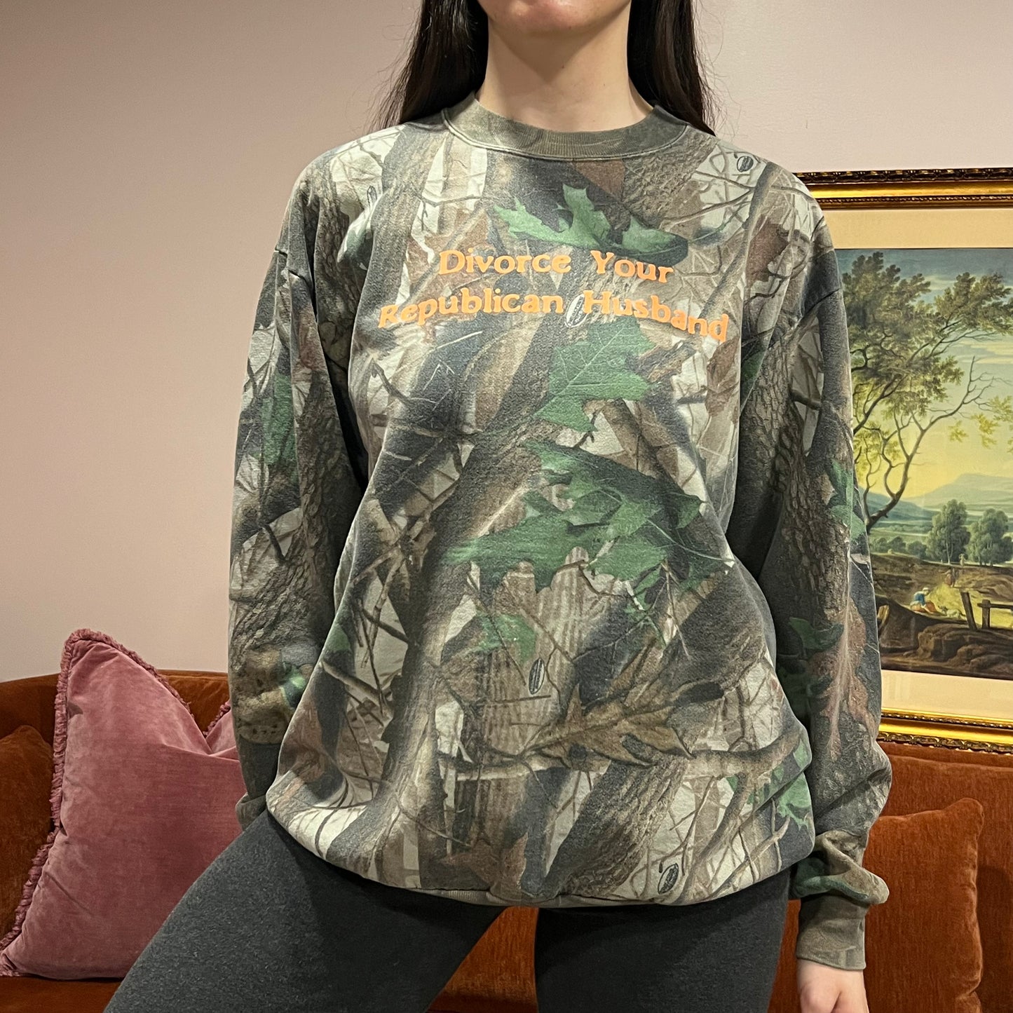 DIVORCE YOUR REPUBLICAN HUSBAND camo crewneck with orange text (XL)