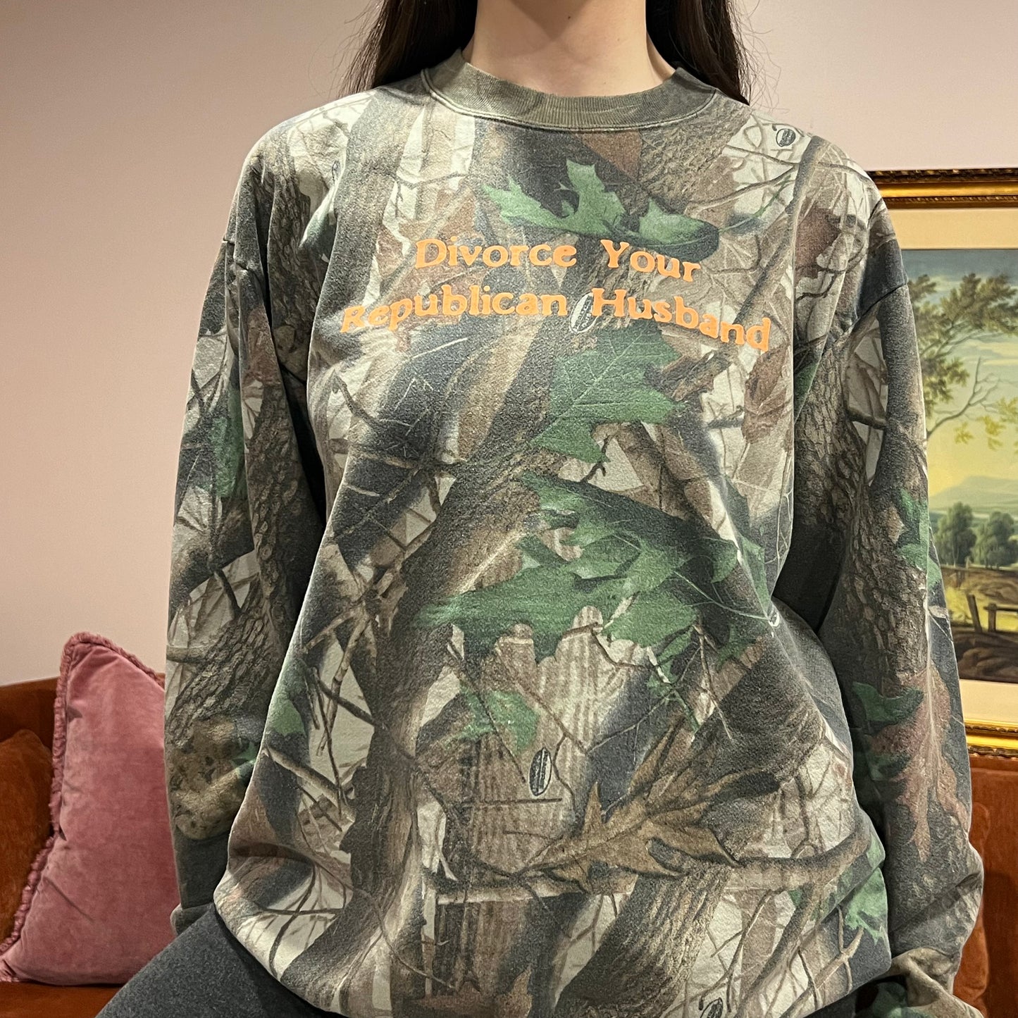 DIVORCE YOUR REPUBLICAN HUSBAND camo crewneck with orange text (XL)