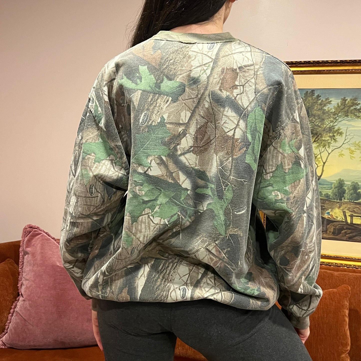 DIVORCE YOUR REPUBLICAN HUSBAND camo crewneck with orange text (XL)