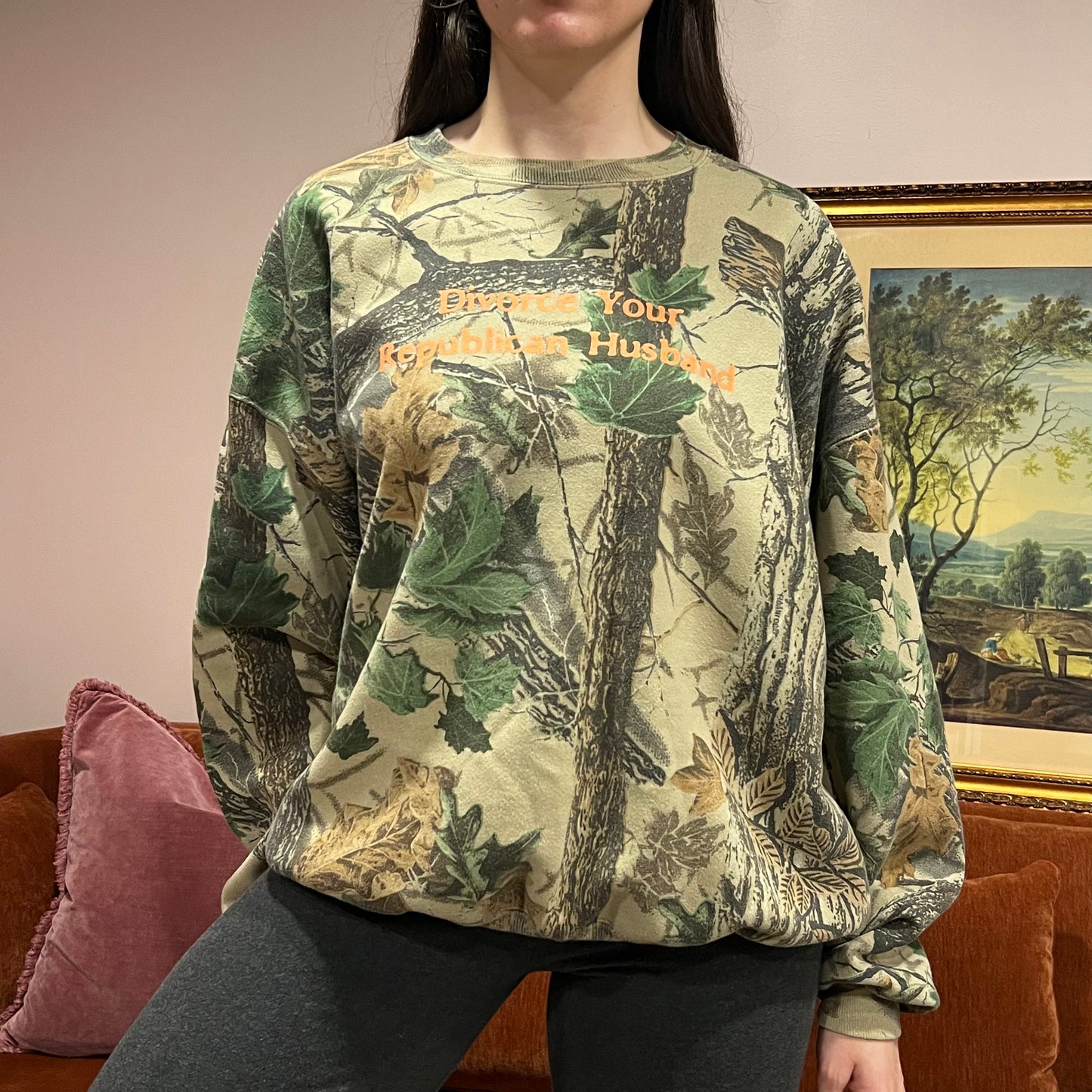 DIVORCE YOUR REPUBLICAN HUSBAND camo crewneck with orange text (2XL)