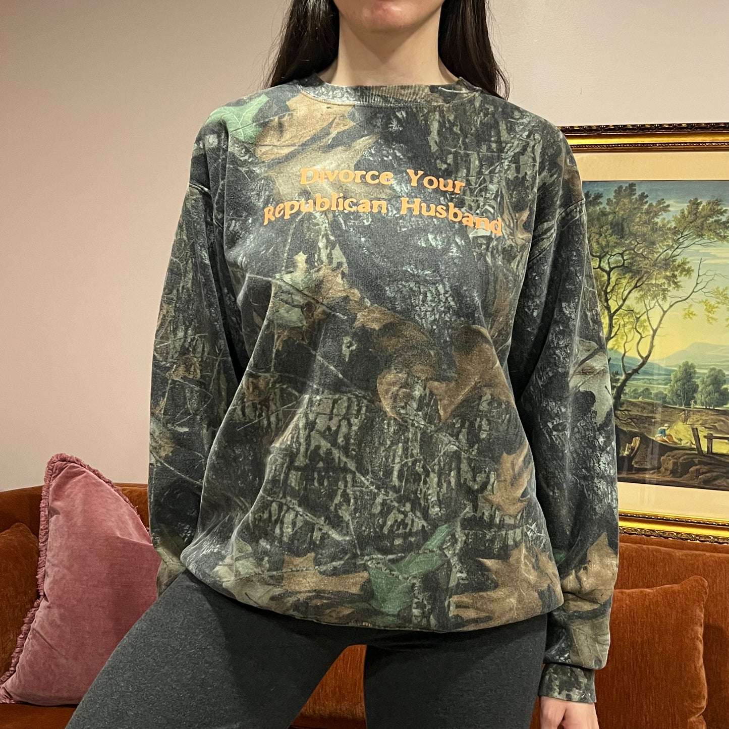 DIVORCE YOUR REPUBLICAN HUSBAND camo crewneck with orange text (L)