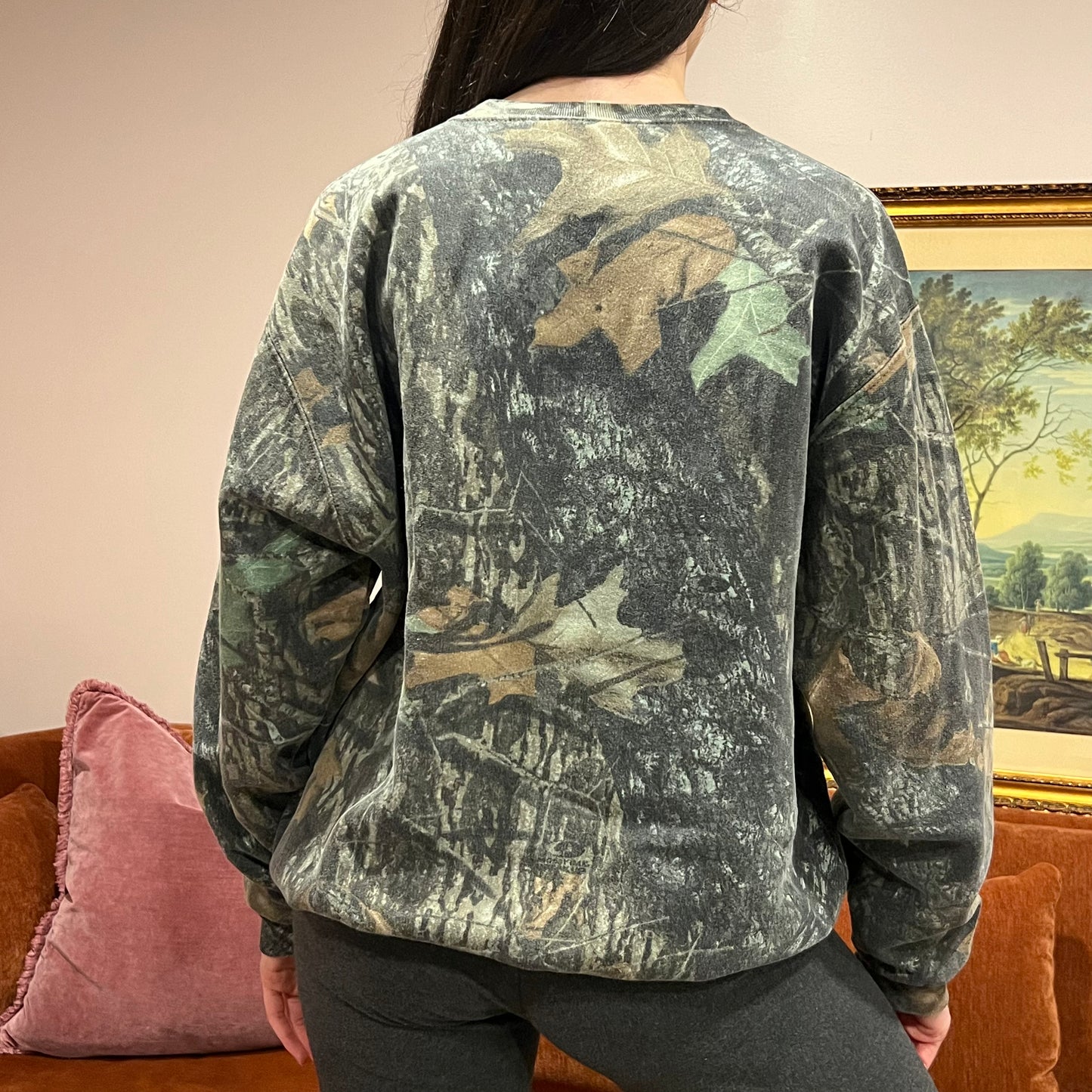 DIVORCE YOUR REPUBLICAN HUSBAND camo crewneck with orange text (L)