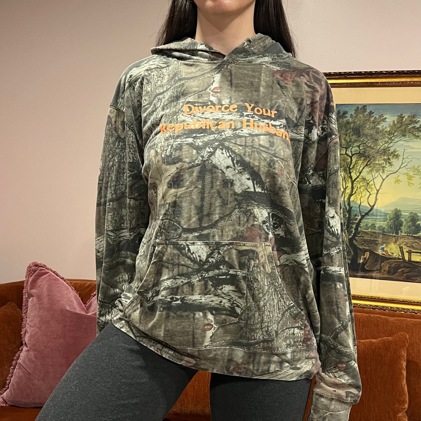 DIVORCE YOUR REPUBLICAN HUSBAND camo hoodie with orange text (XL)