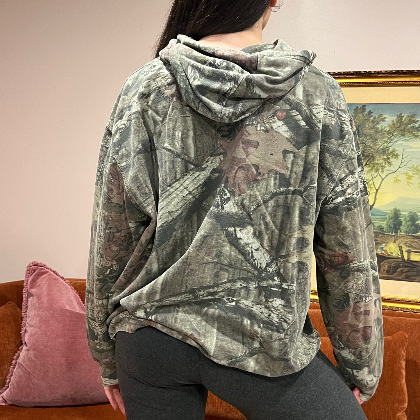 DIVORCE YOUR REPUBLICAN HUSBAND camo hoodie with orange text (XL)