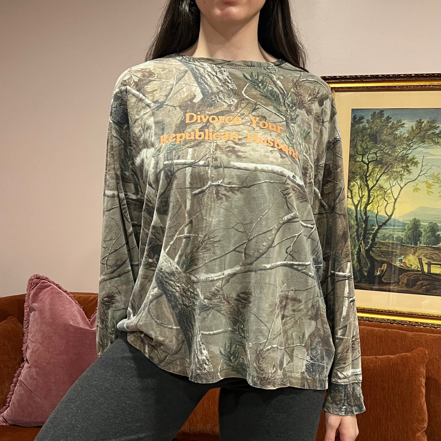 DIVORCE YOUR REPUBLICAN HUSBAND camo long sleeve t-shirt with orange text (XL)