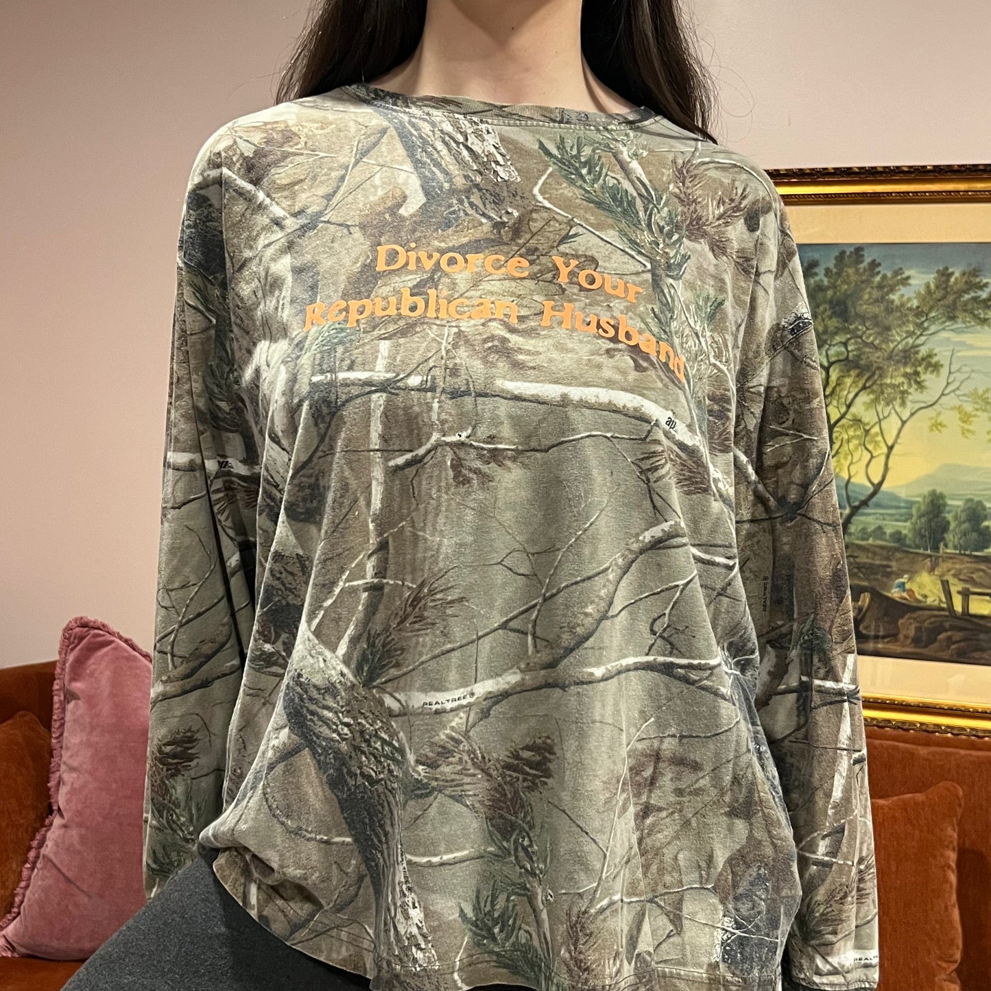 DIVORCE YOUR REPUBLICAN HUSBAND camo long sleeve t-shirt with orange text (XL)