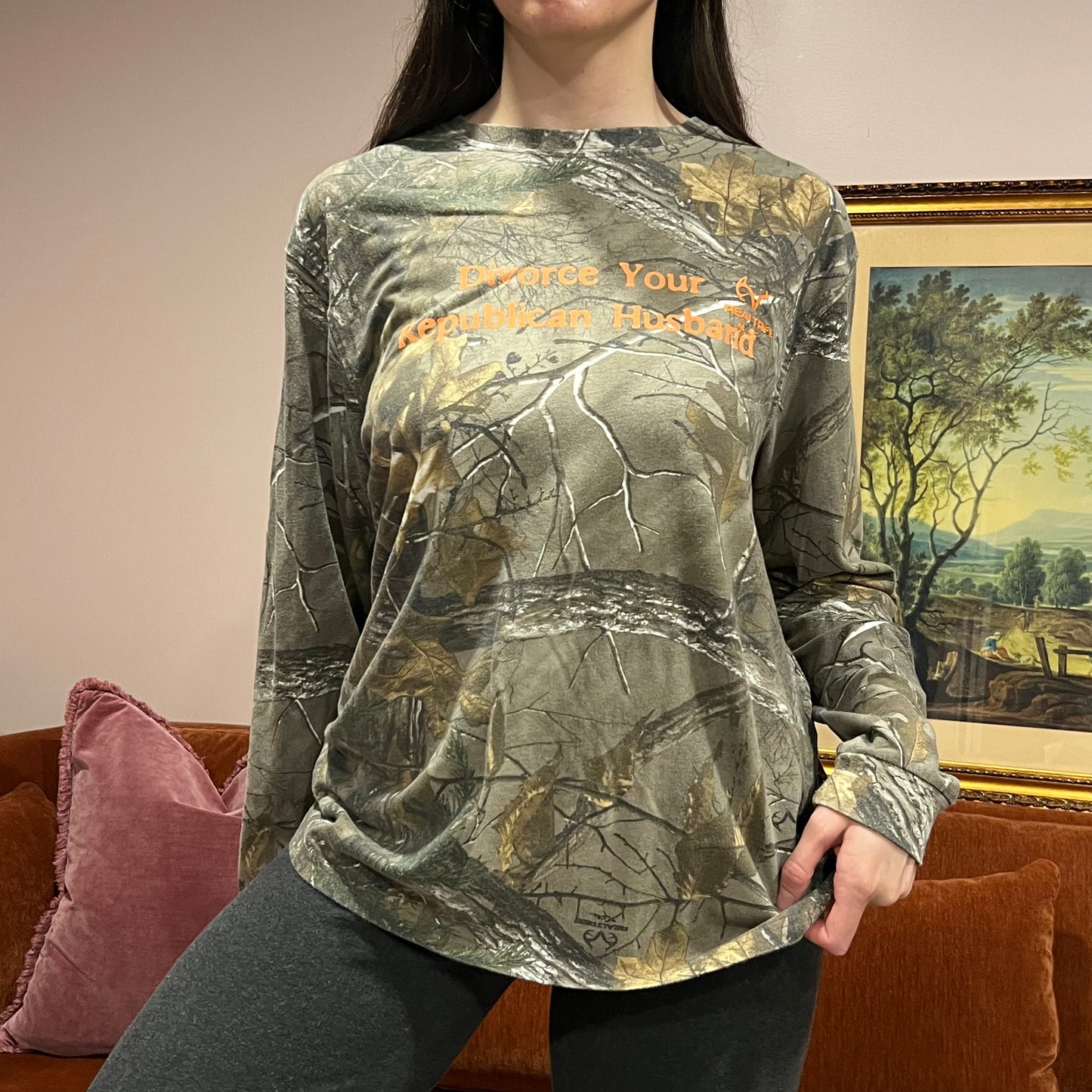 DIVORCE YOUR REPUBLICAN HUSBAND camo long sleeve t-shirt with orange text (L)