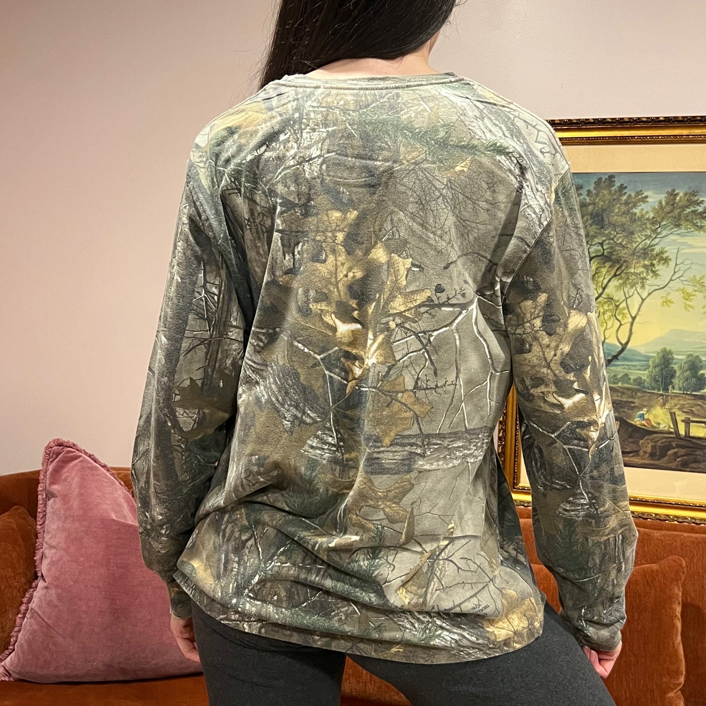DIVORCE YOUR REPUBLICAN HUSBAND camo long sleeve t-shirt with orange text (L)