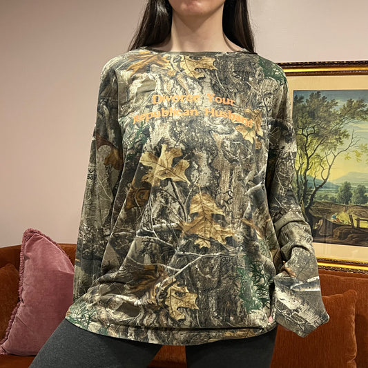 DIVORCE YOUR REPUBLICAN HUSBAND camo long sleeve t-shirt with orange text (2XL)