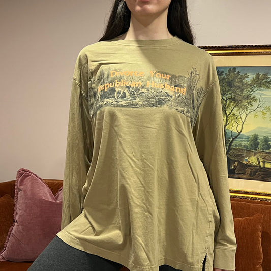 DIVORCE YOUR REPUBLICAN HUSBAND deer long sleeve t-shirt with orange text (XL)