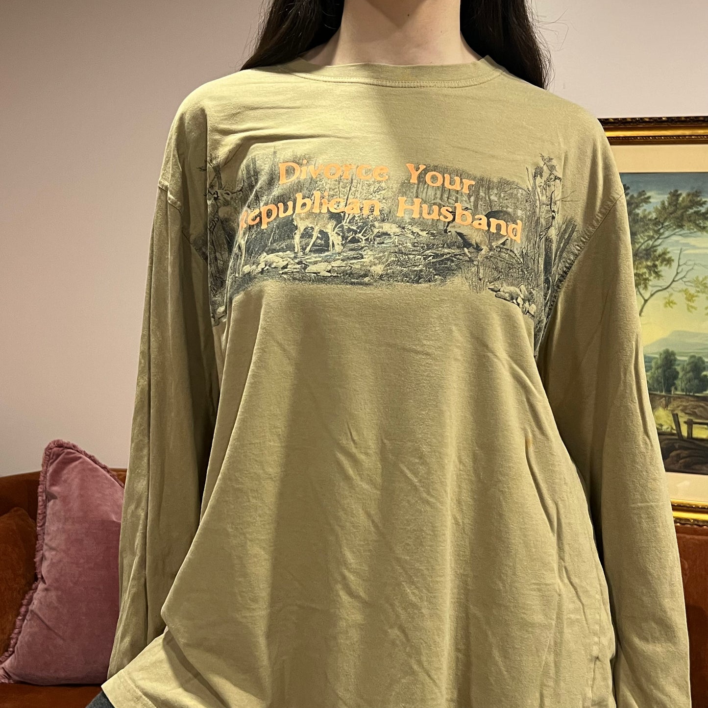 DIVORCE YOUR REPUBLICAN HUSBAND deer long sleeve t-shirt with orange text (XL)