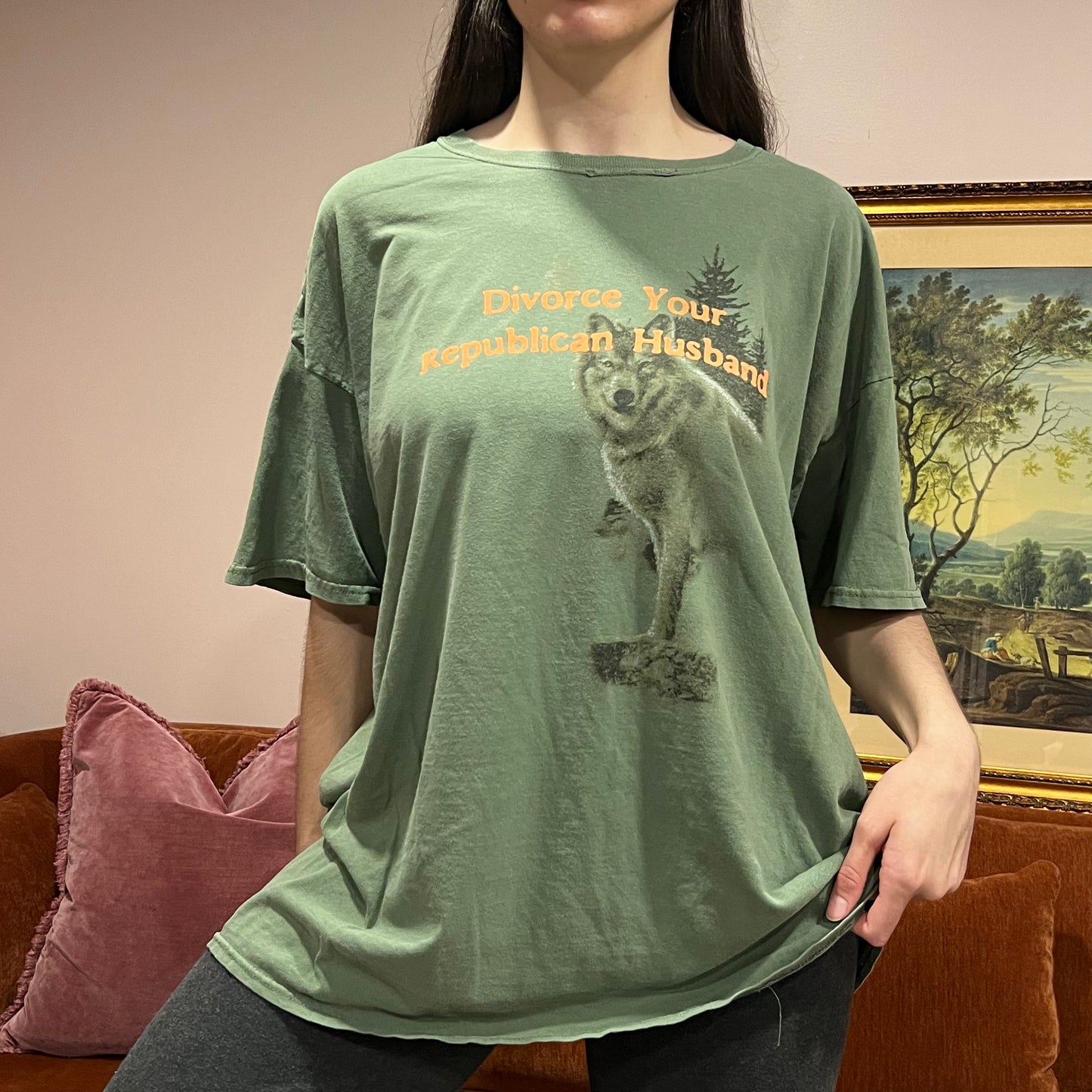 DIVORCE YOUR REPUBLICAN HUSBAND wolf t-shirt with orange text (2XL)