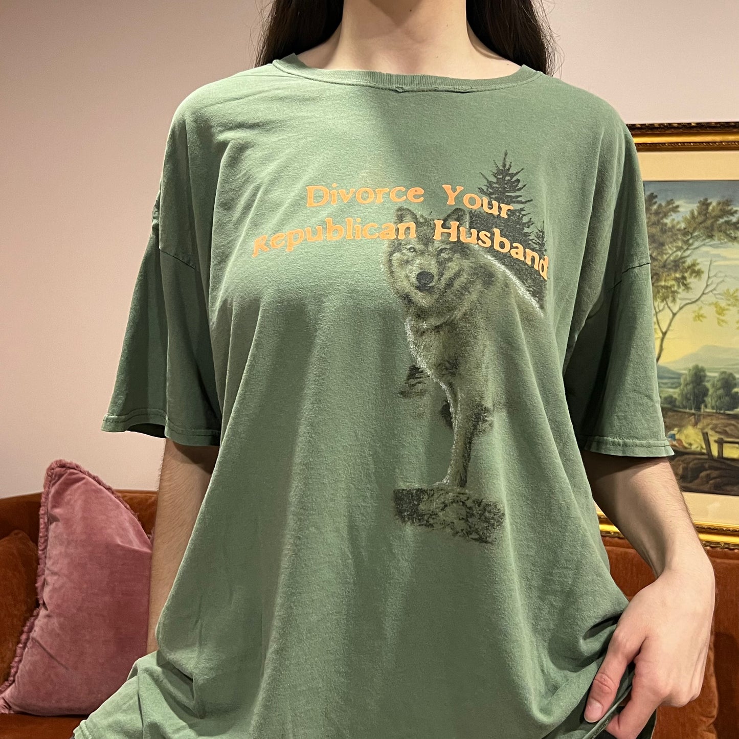 DIVORCE YOUR REPUBLICAN HUSBAND wolf t-shirt with orange text (2XL)