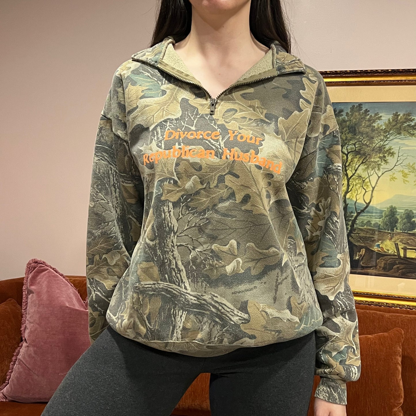 DIVORCE YOUR REPUBLICAN HUSBAND camo zip-up with orange text (XL)
