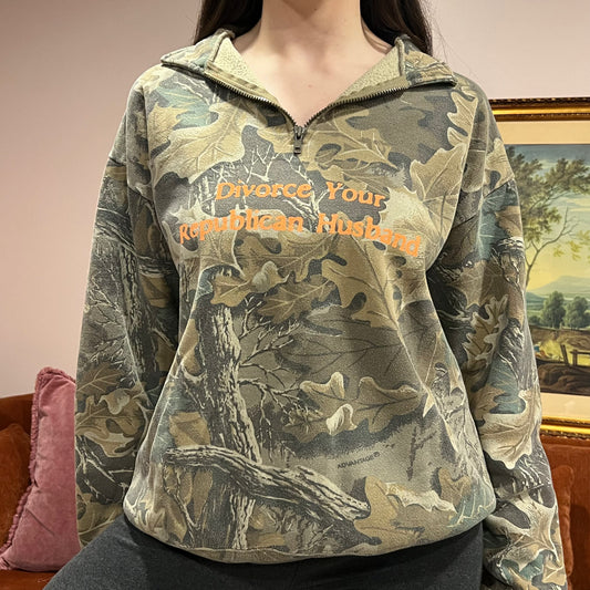 DIVORCE YOUR REPUBLICAN HUSBAND camo zip-up with orange text (XL)