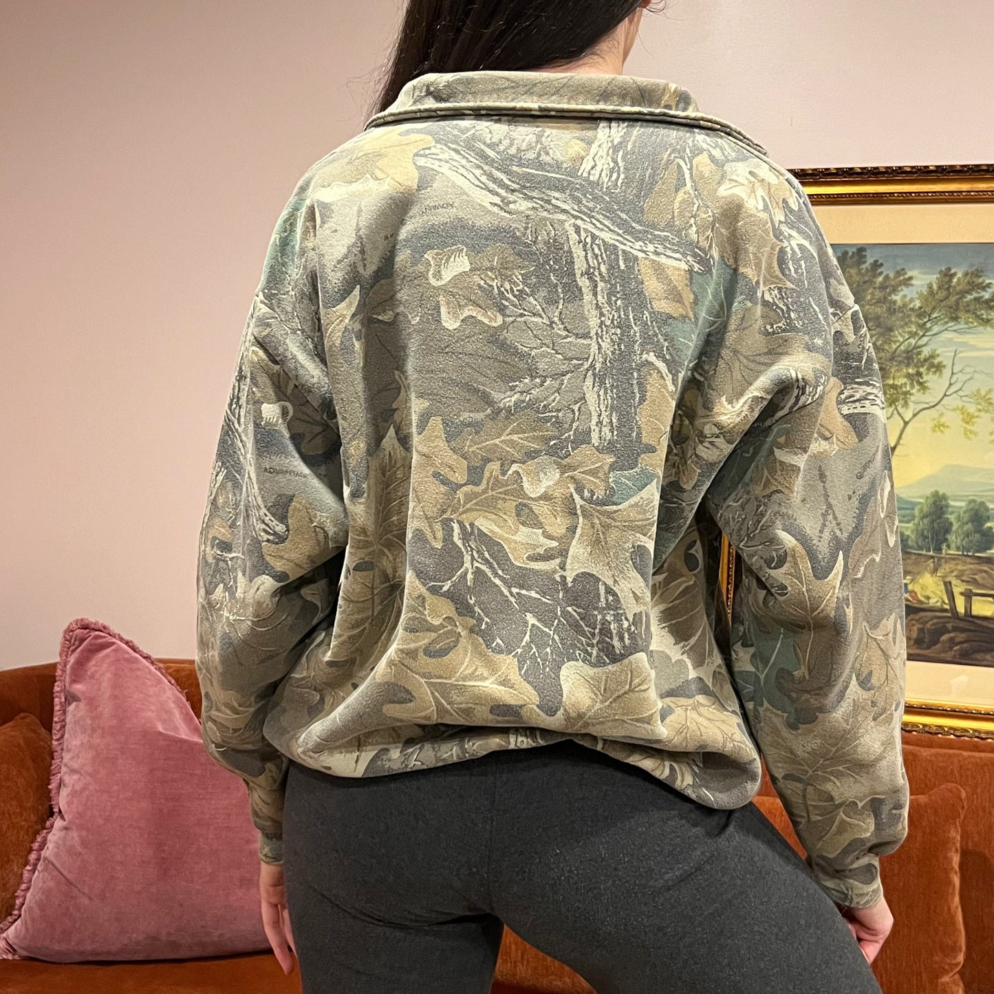 DIVORCE YOUR REPUBLICAN HUSBAND camo zip-up with orange text (XL)