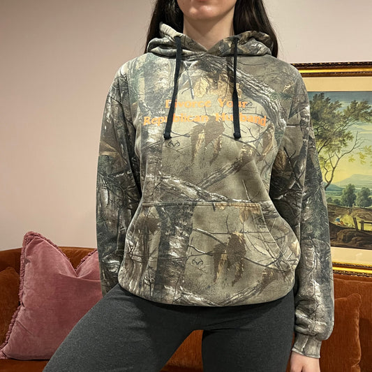 DIVORCE YOUR REPUBLICAN HUSBAND camo hoodie with orange text (M)