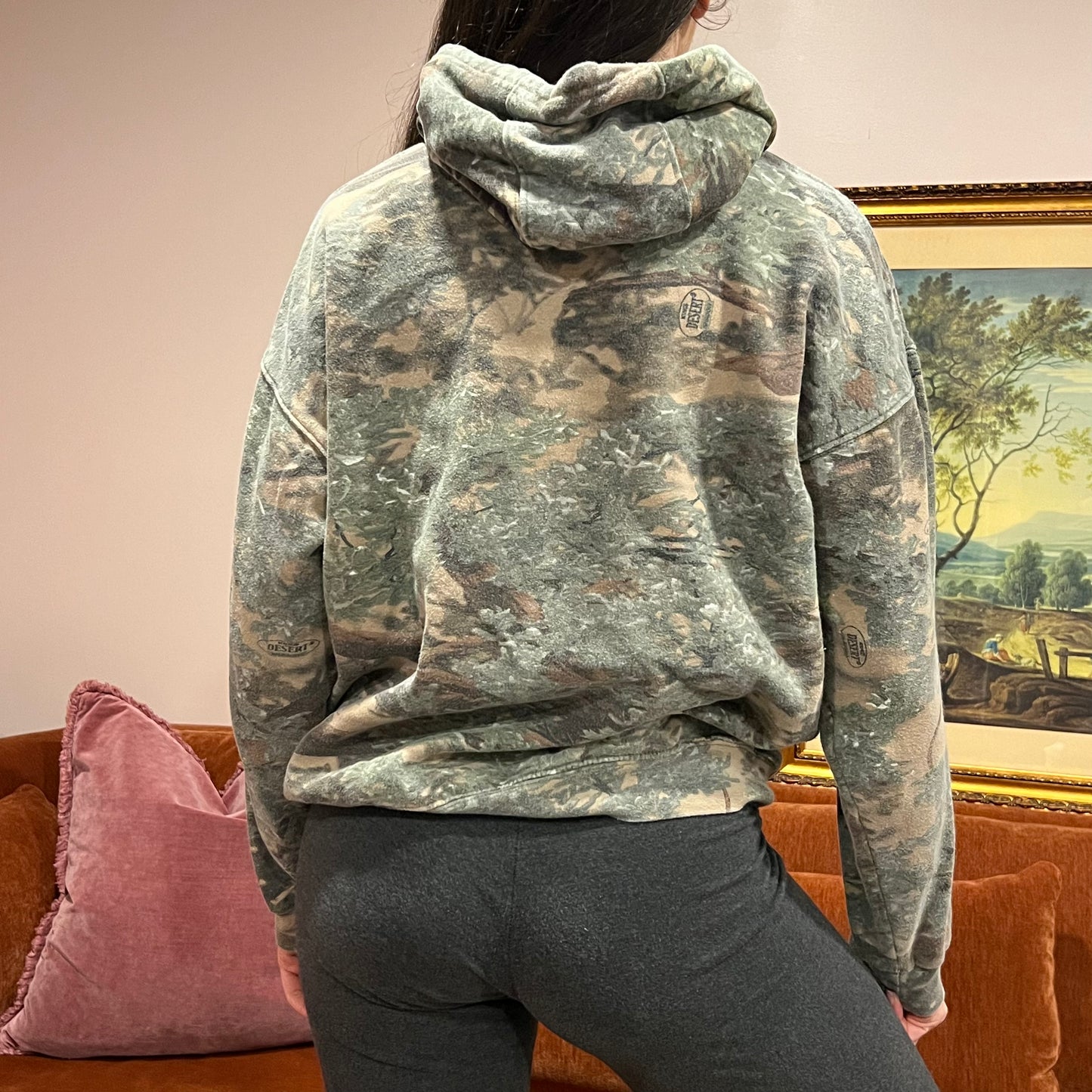 DIVORCE YOUR REPUBLICAN HUSBAND camo hoodie with orange text (M)
