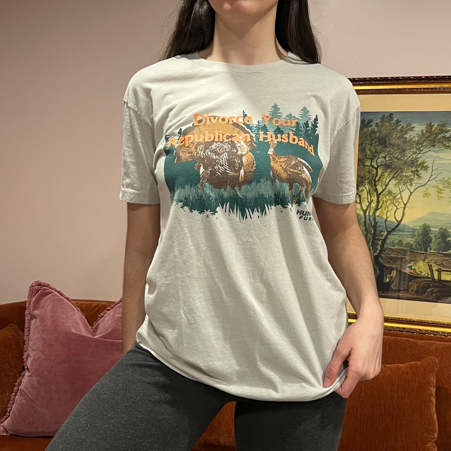 DIVORCE YOUR REPUBLICAN HUSBAND animal t-shirt with orange text (L)