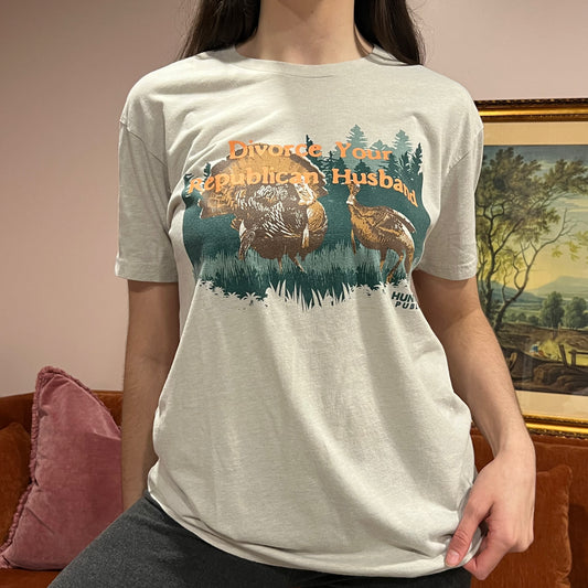 DIVORCE YOUR REPUBLICAN HUSBAND animal t-shirt with orange text (L)