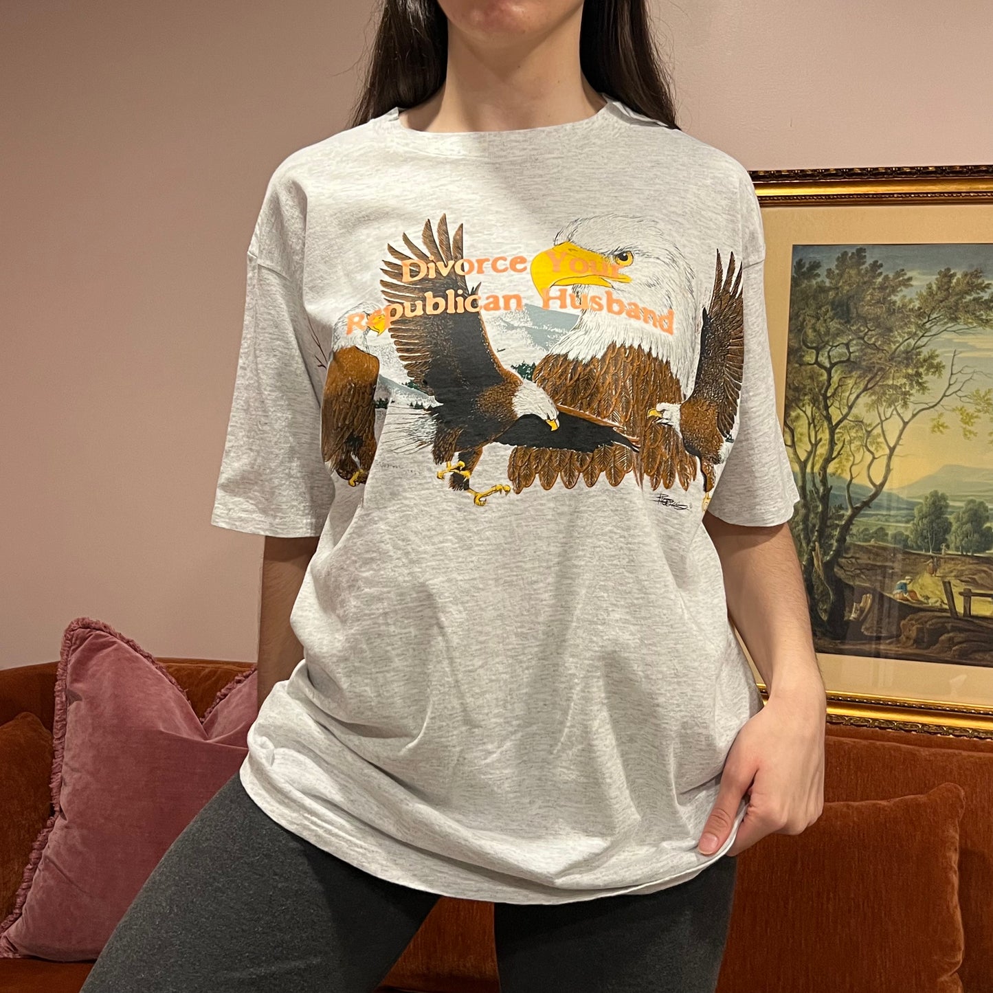 DIVORCE YOUR REPUBLICAN HUSBAND eagle t-shirt with orange text (2XL)