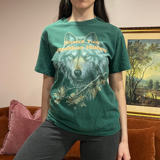 DIVORCE YOUR REPUBLICAN HUSBAND wolf t-shirt with orange text (M)