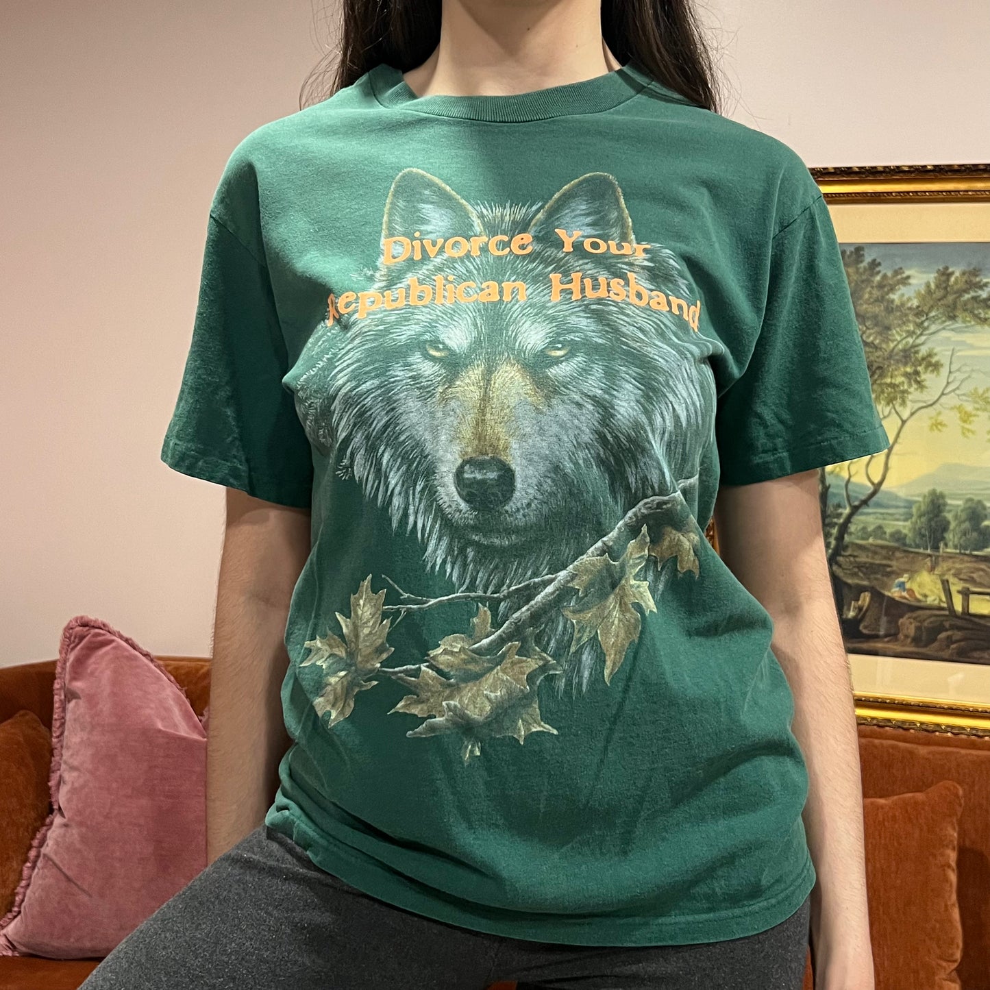 DIVORCE YOUR REPUBLICAN HUSBAND wolf t-shirt with orange text (M)