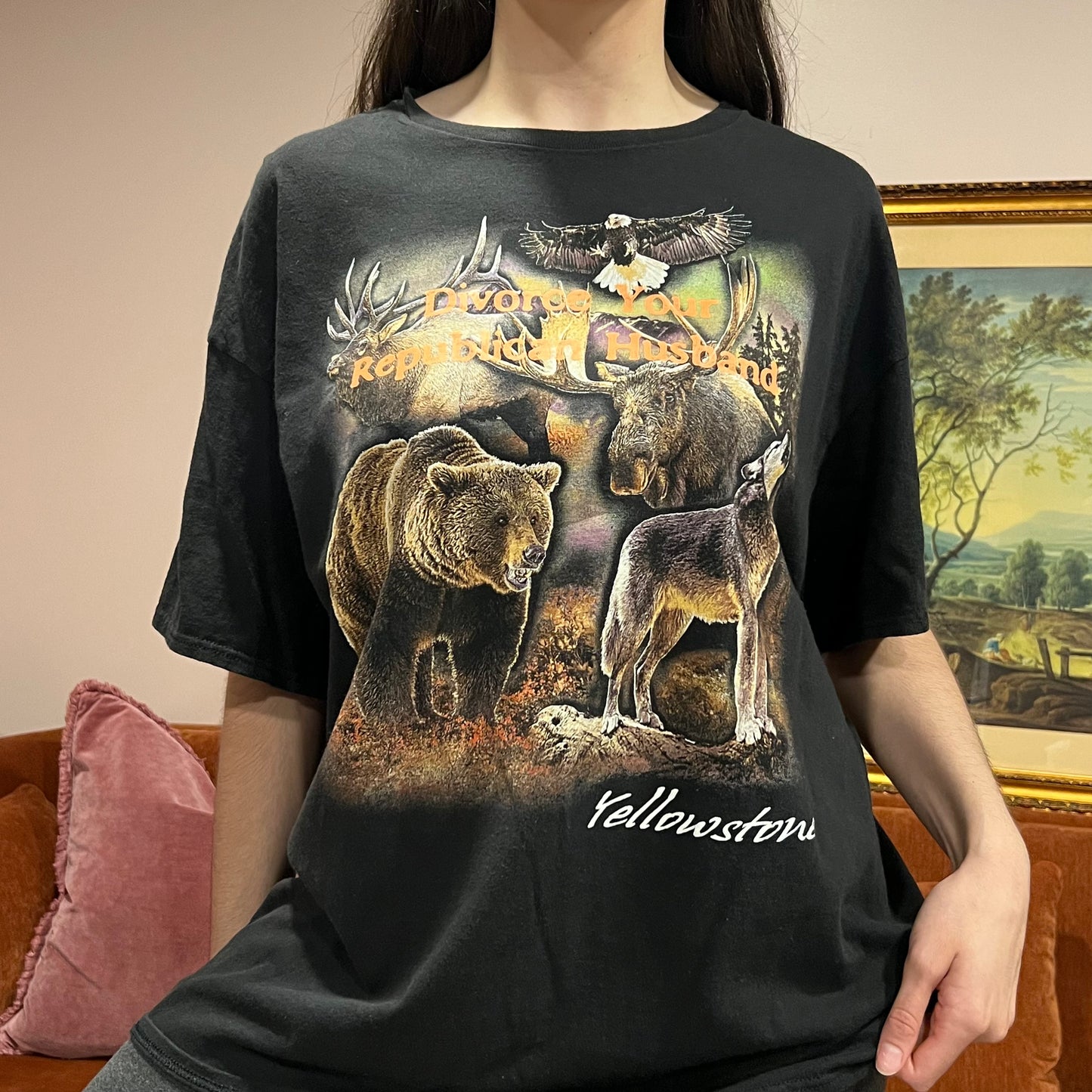DIVORCE YOUR REPUBLICAN HUSBAND animal t-shirt with orange text (2XL)
